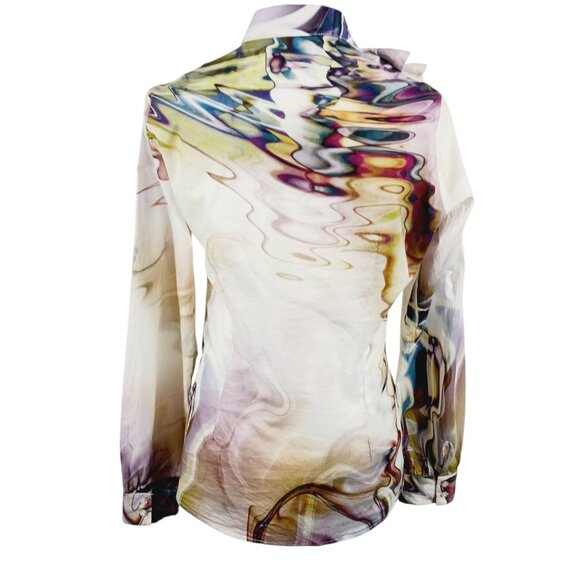 Georg Roth Los Angeles  Med. Cotton Button Down Top Ruffled Artsy Abstract Print - Picture 5 of 16